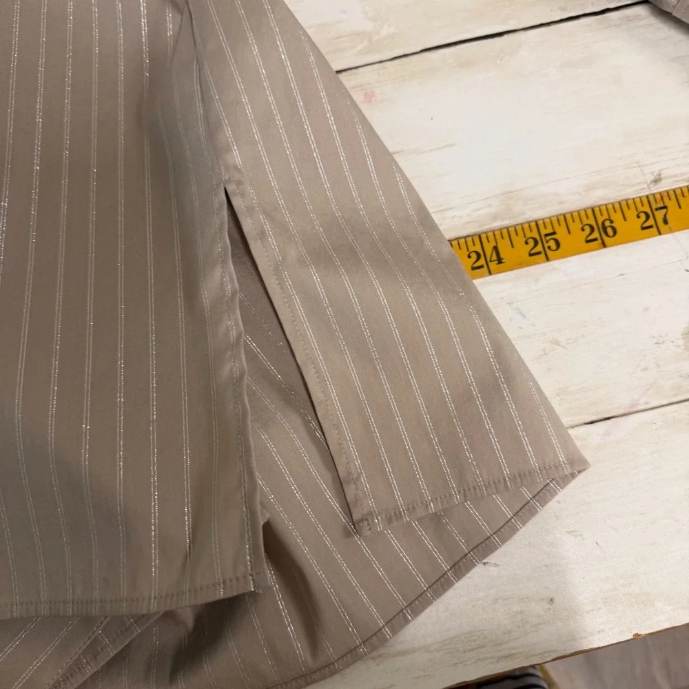 Lafayette 148 Button Down Top Womens L Taupe Pinstripe Minimalist Office Neutral - Picture 12 of 16